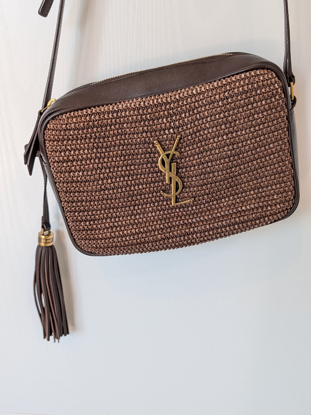SAINT LAURENT Lou Ysl Monogram Raffia Camera Bag In Brown